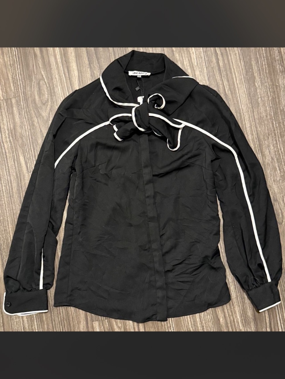 Women’s Black Blouse with White Piping and Neck Bow